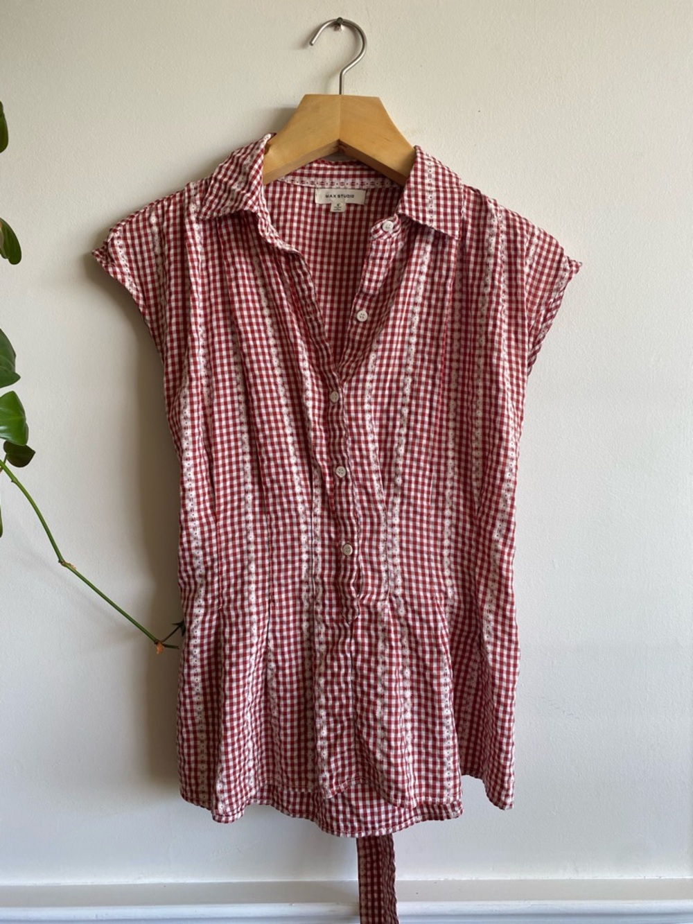 Max Studio Gingham Embroidered Blouse | Red White Smocked Tie Back Top S